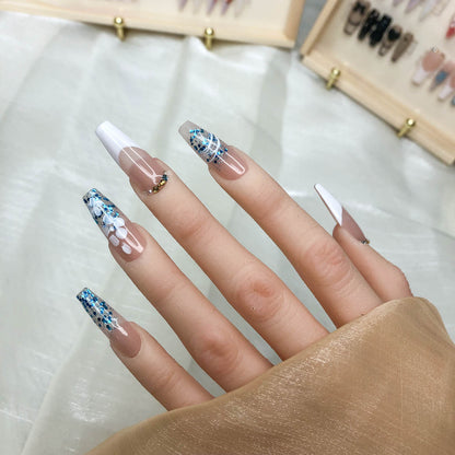 GGddsha 2025 100% Handmade Nails Reusable Medium Press-on Nail French Hand Painted Petals Full Coverage False Nail Set for Women