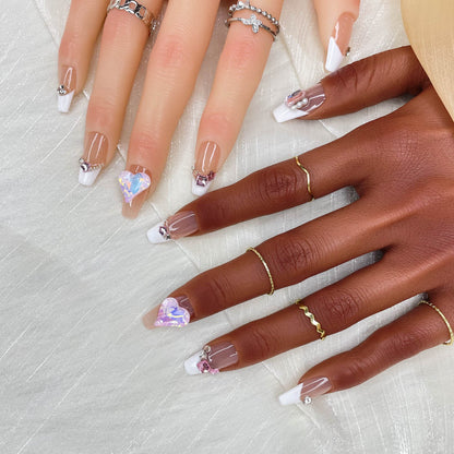 GGddsha 2025 Handmade Nails Reusable Medium Press-On Nails French Mixed Colors with Heart Rhinestones Full Coverage Women's Manicure Set