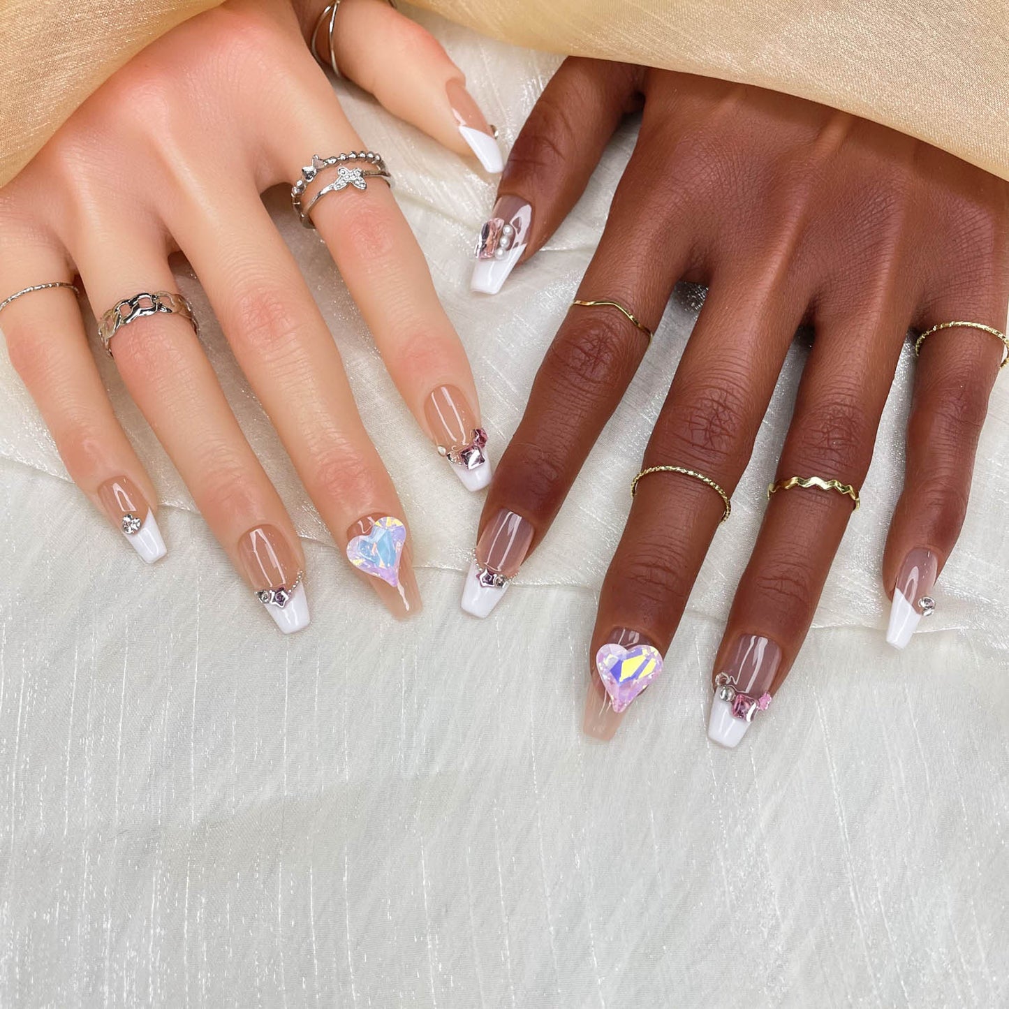 GGddsha 2025 Handmade Nails Reusable Medium Press-On Nails French Mixed Colors with Heart Rhinestones Full Coverage Women's Manicure Set
