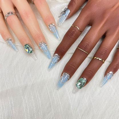 GGddsha 2025 Handmade Nail Art Reusable Medium Press-On Nails Simple Ocean Blue with Diamonds Full Coverage False Nails for Women