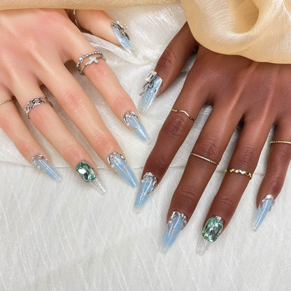 GGddsha 2025 Handmade Nail Art Reusable Medium Press-On Nails Simple Ocean Blue with Diamonds Full Coverage False Nails for Women