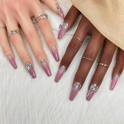 GGddsha 2025 Handmade Nail Art Reusable Medium Press-on Nail Art Purple Gradient with Butterfly Diamonds Full Coverage Fake Nails Gifts for Women