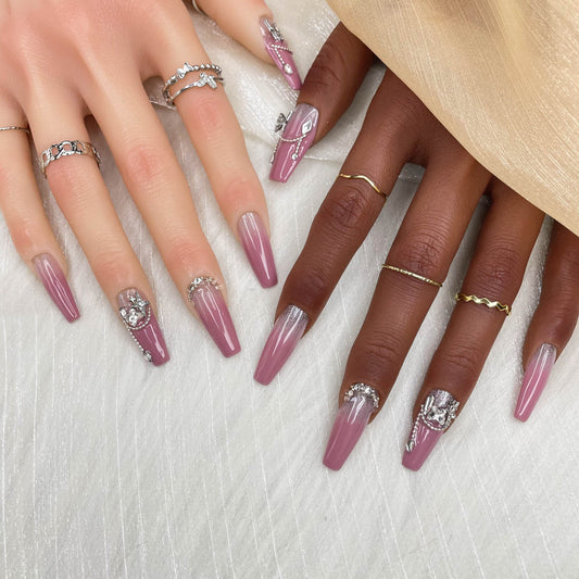 GGddsha 2025 Handmade Nail Art Reusable Medium Press-on Nail Art Purple Gradient with Butterfly Diamonds Full Coverage Fake Nails Gifts for Women