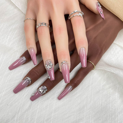 GGddsha 2025 Handmade Nail Art Reusable Medium Press-on Nail Art Purple Gradient with Butterfly Diamonds Full Coverage Fake Nails Gifts for Women