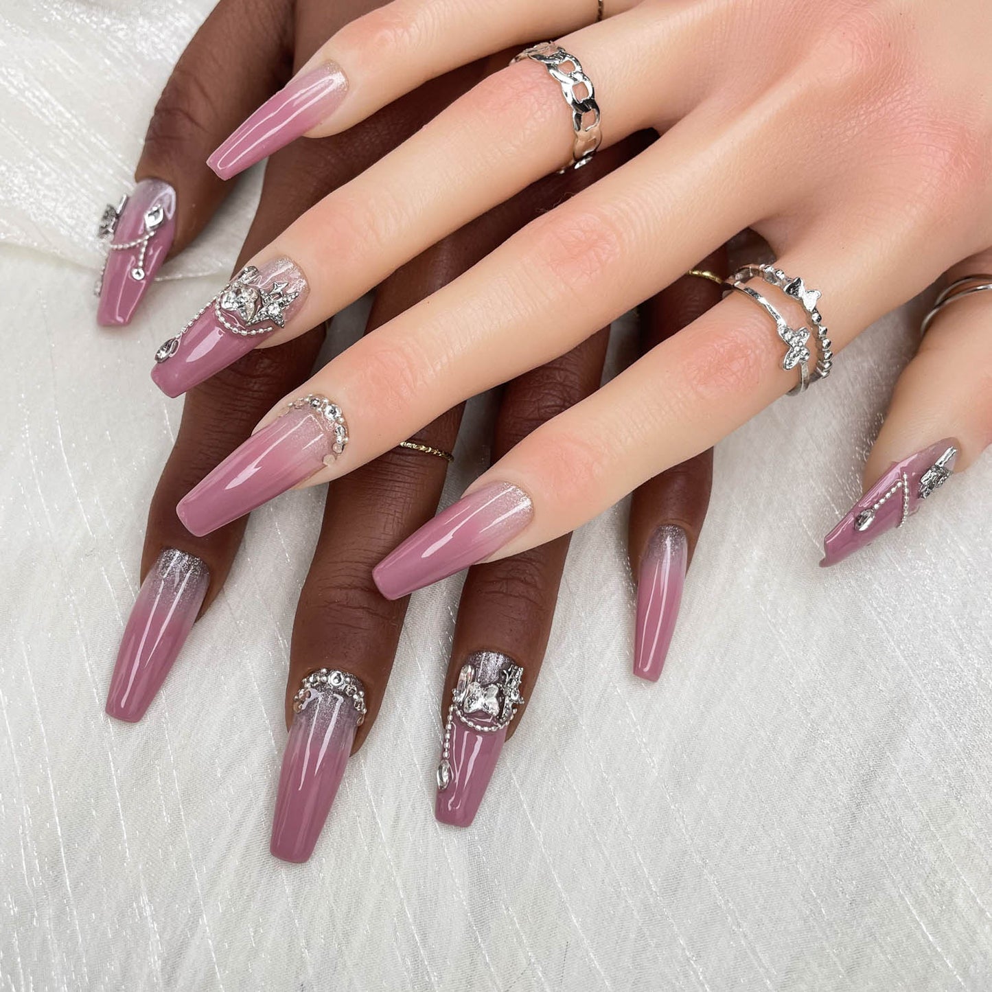 GGddsha 2025 Handmade Nail Art Reusable Medium Press-on Nail Art Purple Gradient with Butterfly Diamonds Full Coverage Fake Nails Gifts for Women