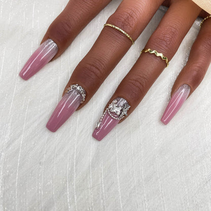 GGddsha 2025 Handmade Nail Art Reusable Medium Press-on Nail Art Purple Gradient with Butterfly Diamonds Full Coverage Fake Nails Gifts for Women