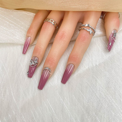 GGddsha 2025 Handmade Nail Art Reusable Medium Press-on Nail Art Purple Gradient with Butterfly Diamonds Full Coverage Fake Nails Gifts for Women