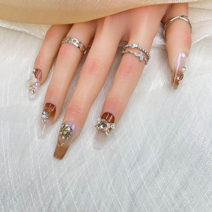 GGddsha 2025 Handmade Medium Nail Reusable PMMA Acrylic Press-on Nail Mixed Color Gradient w/Butterfly Petal Rhinestone Decoration Fake Nails Gifts for Women