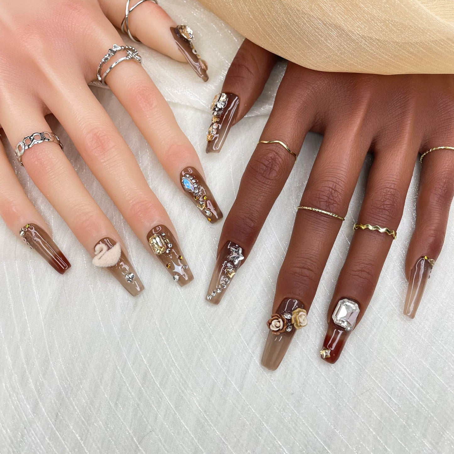 GGddsha 2025 Handmade Manicure Reusable PMMA Acrylic Medium Press-on Nails Brown Fake Nails with Swan Rose Rhinestone Embellishments Gifts for Women