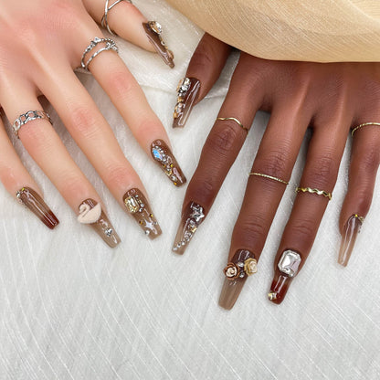 GGddsha 2025 Handmade Manicure Reusable PMMA Acrylic Medium Press-on Nails Brown Fake Nails with Swan Rose Rhinestone Embellishments Gifts for Women