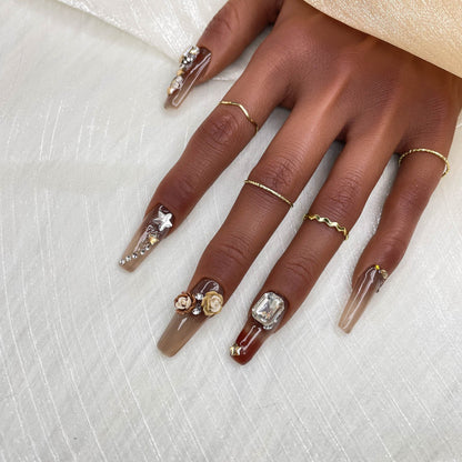 GGddsha 2025 Handmade Manicure Reusable PMMA Acrylic Medium Press-on Nails Brown Fake Nails with Swan Rose Rhinestone Embellishments Gifts for Women
