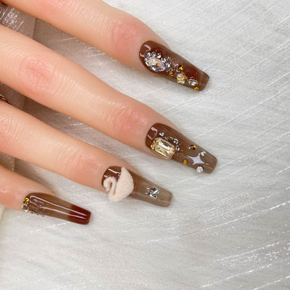 GGddsha 2025 Handmade Manicure Reusable PMMA Acrylic Medium Press-on Nails Brown Fake Nails with Swan Rose Rhinestone Embellishments Gifts for Women
