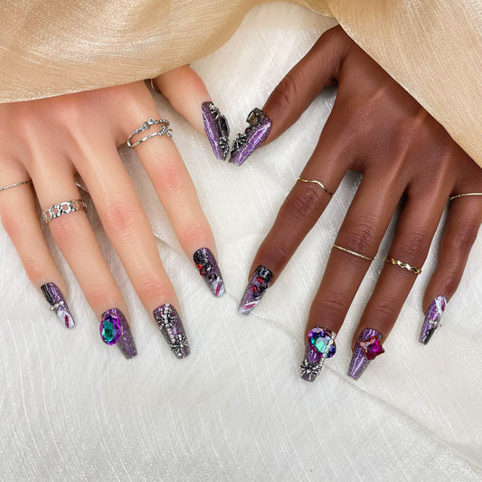 GGddsha 2025 Medium Handmade Nail Art Reusable PMMA Acrylic Press-on Nail Art Premium Purple Fake Nails with Spider Rhinestone Decoration Gifts for Women