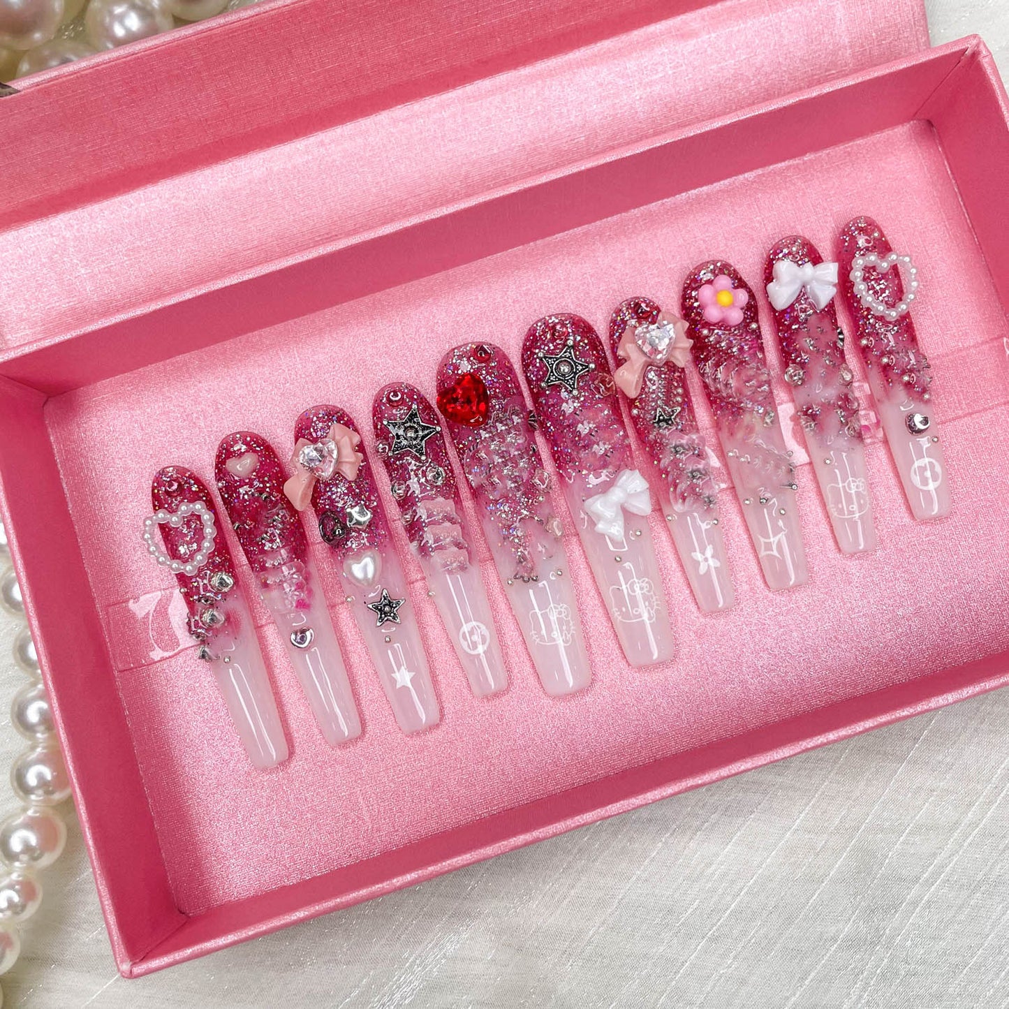 GGddsha 2025 100% Handmade Nails Long and Reusable PMMA Acrylic Press on Nails With Cute Cartoon Design Full Coverage Fake Nails Handmade Nails Ladies Fake Nail Set