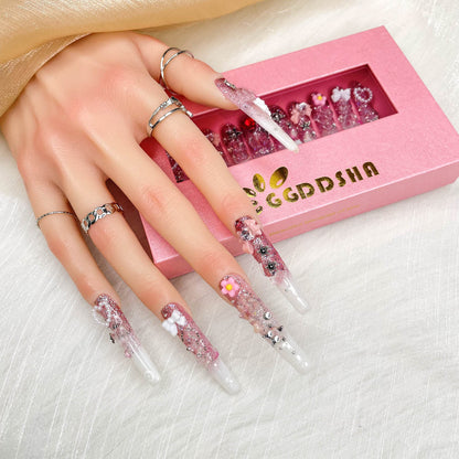 GGddsha 2025 100% Handmade Nails Long and Reusable PMMA Acrylic Press on Nails With Cute Cartoon Design Full Coverage Fake Nails Handmade Nails Ladies Fake Nail Set