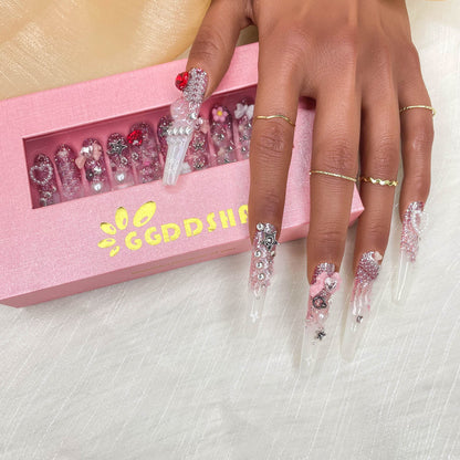 GGddsha 2025 100% Handmade Nails Long and Reusable PMMA Acrylic Press on Nails With Cute Cartoon Design Full Coverage Fake Nails Handmade Nails Ladies Fake Nail Set