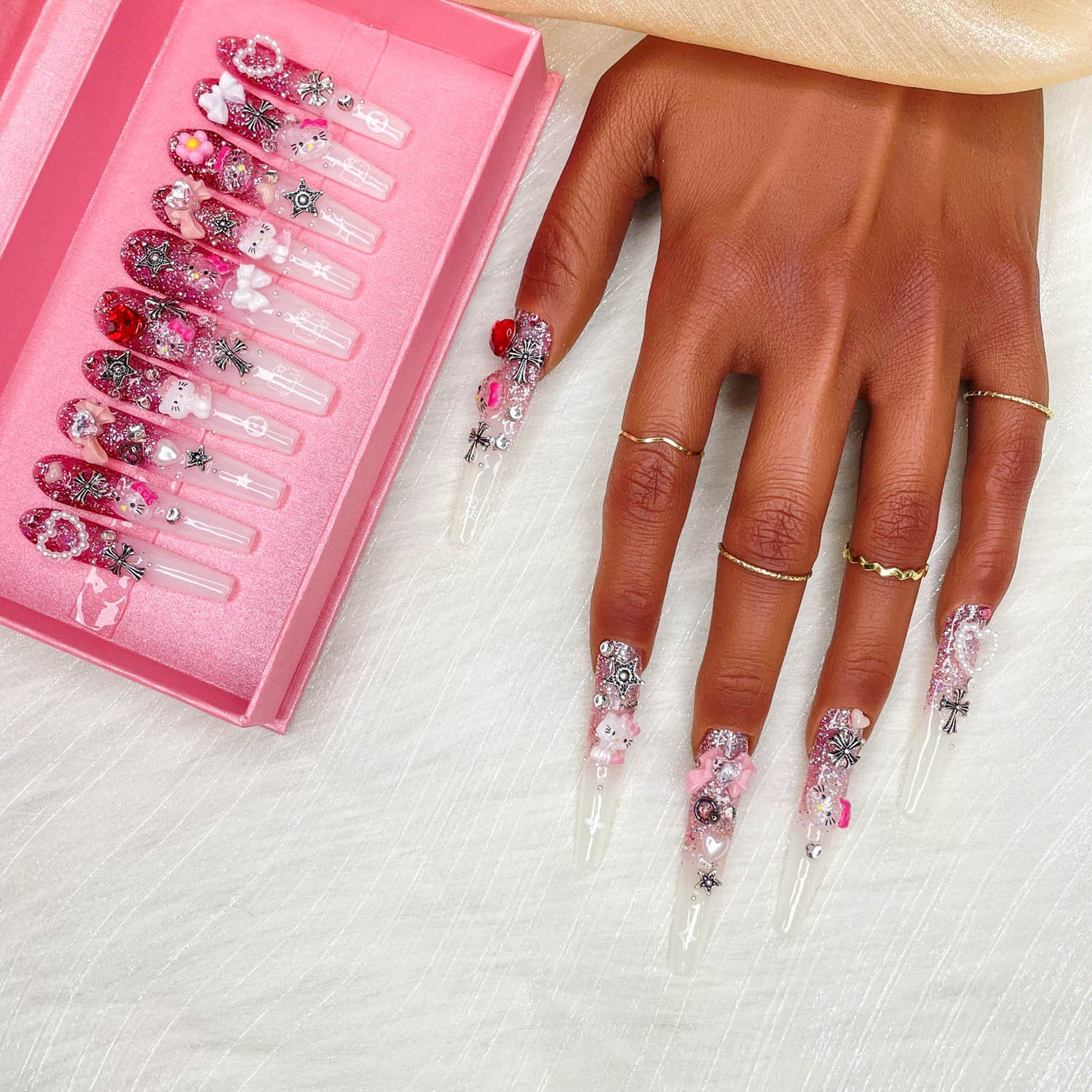 GGddsha 2025 100% Handmade Nails Long and Reusable PMMA Acrylic Press on Nails With Cute Cartoon Design Full Coverage Fake Nails Handmade Nails Ladies Fake Nail Set