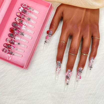 GGddsha 2025 100% Handmade Nails Long and Reusable PMMA Acrylic Press on Nails With Cute Cartoon Design Full Coverage Fake Nails Handmade Nails Ladies Fake Nail Set