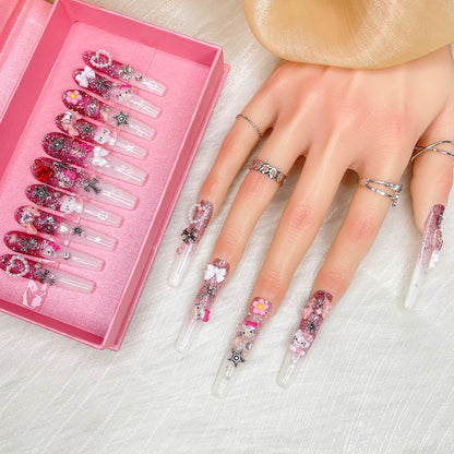 GGddsha 2025 100% Handmade Nails Long and Reusable PMMA Acrylic Press on Nails With Cute Cartoon Design Full Coverage Fake Nails Handmade Nails Ladies Fake Nail Set
