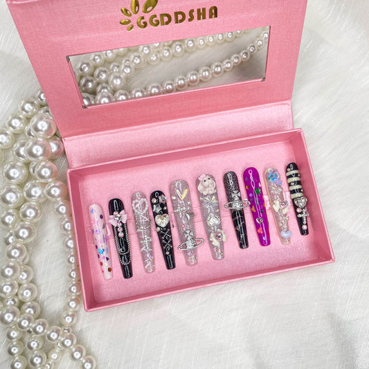 GGddsha Nails 2025 Long Novel Design and Reusable 100% Handmade Nails Pmma Acrylic Reusable Nails Press On Nails Kit With Box Gifts for Women
