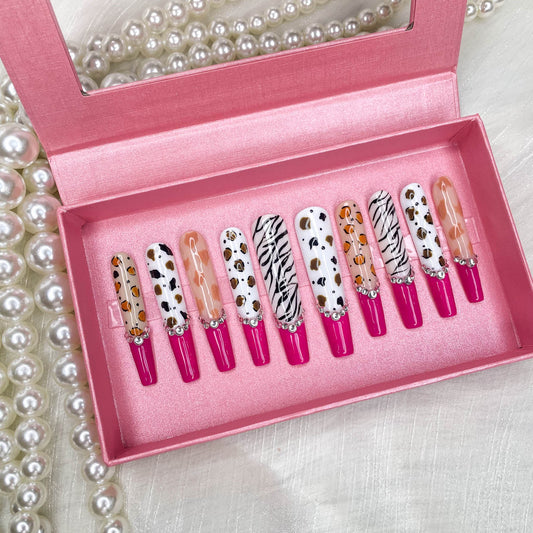 GGddsha 2025 100% Handmade Nails Long and Reusable PMMA Acrylic Press on Nails With Rhinestone Zebra French Design Reusable Full Coverage Fake Nails Handmade Nails Ladies Fake Nail Set